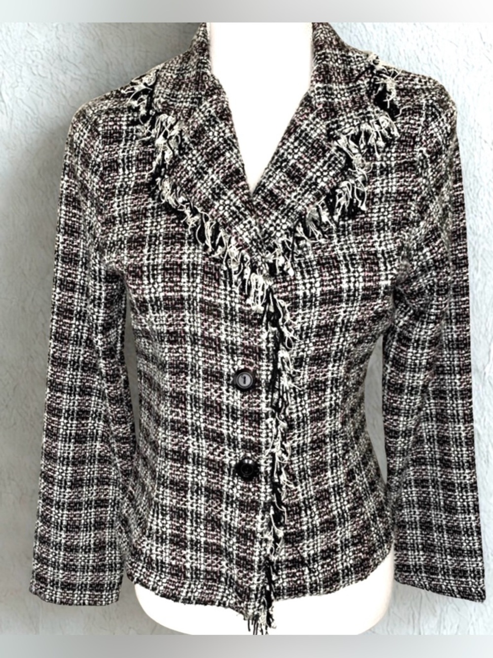Rave Blazer Plaid Jacket‎ Black White Pink with Fringe Women Size Small